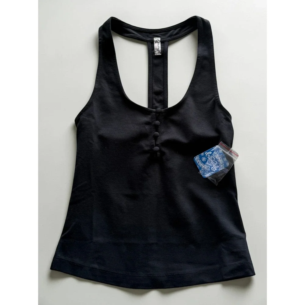 Free People Intimately Racerback Tank Top Black Henley Button XS